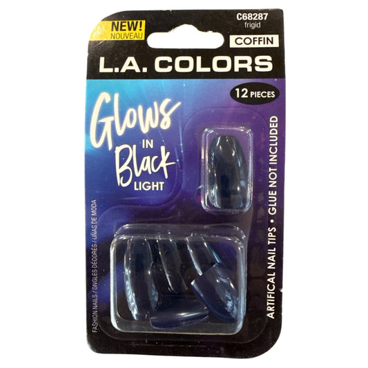 L.A. Colors GLOWS IN BLACK LIGHT 12 Nail FRIGID Long Coffin Glossy Midnight Blue