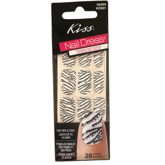 Kiss Nail Dress Tips & Toes 28 Strips/Nail Black+White Zebra Stripe Jewel Design