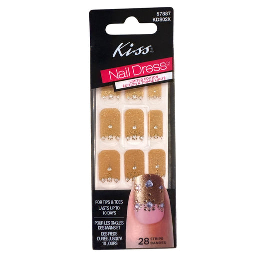 Kiss Nail Dress Tips & Toes 28 Strips/Nail Stickers Gold Glitter & Rhinestone