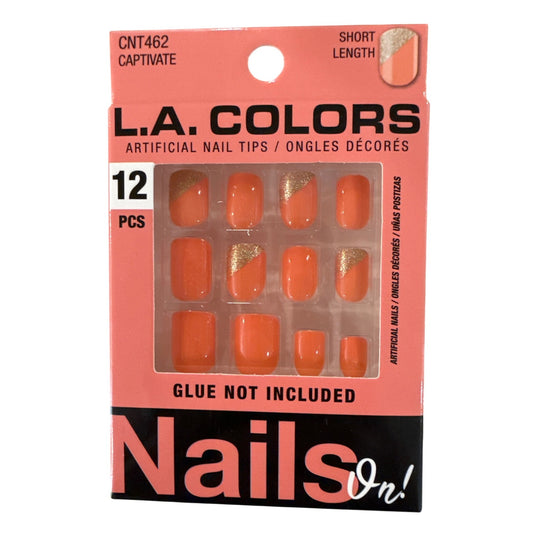 L.A. Colors NAILS ON! 12 Nails CAPTIVATE Short Square Glossy Orange+Gold Accents