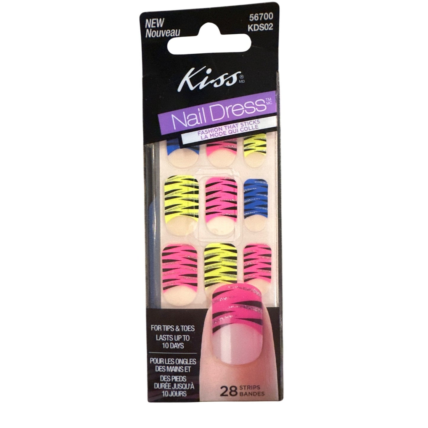 Kiss Nail Dress TIPS & TOES 28 Strips/Nail Pink+Blue+Yellow Neon Zebra Design