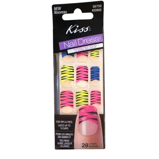 Kiss Nail Dress TIPS & TOES 28 Strips/Nail Pink+Blue+Yellow Neon Zebra Design