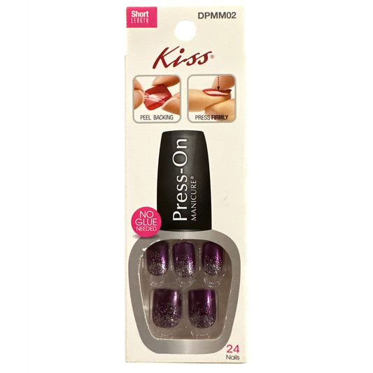 Kiss Press-On 24 Nails TABLOID BUZZ Short Squoval Shiny Purple + Silver Glitter