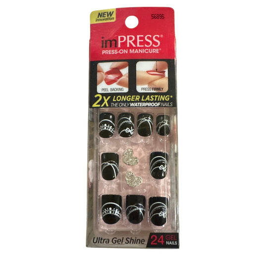 Impress DANCING QUEEN 24 Nails Medium Square Glossy Black+Silver & Silver CHARMS