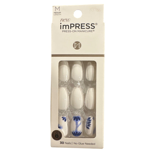 KISS imPRESS 30 Nail TYE DYE Medium Coffin Shiny White+Blue Floral Smooth Finish