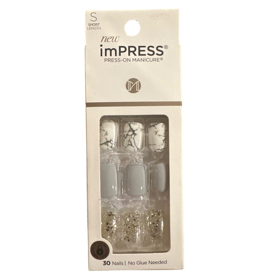 KISS ImPRESS 30 Nail KNOCK OUT Short Square Shiny+Glitter+Marble Grey+Gold+White