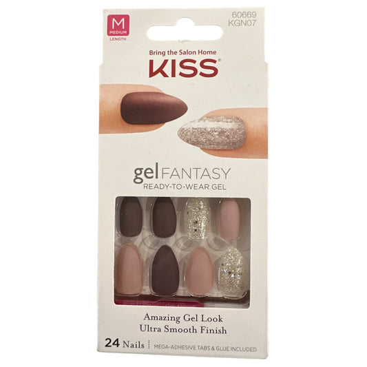 Kiss GEL FANTASY 24 Nails Medium Almond Matte+Glitter Nude+Brown+Silver Gel Look