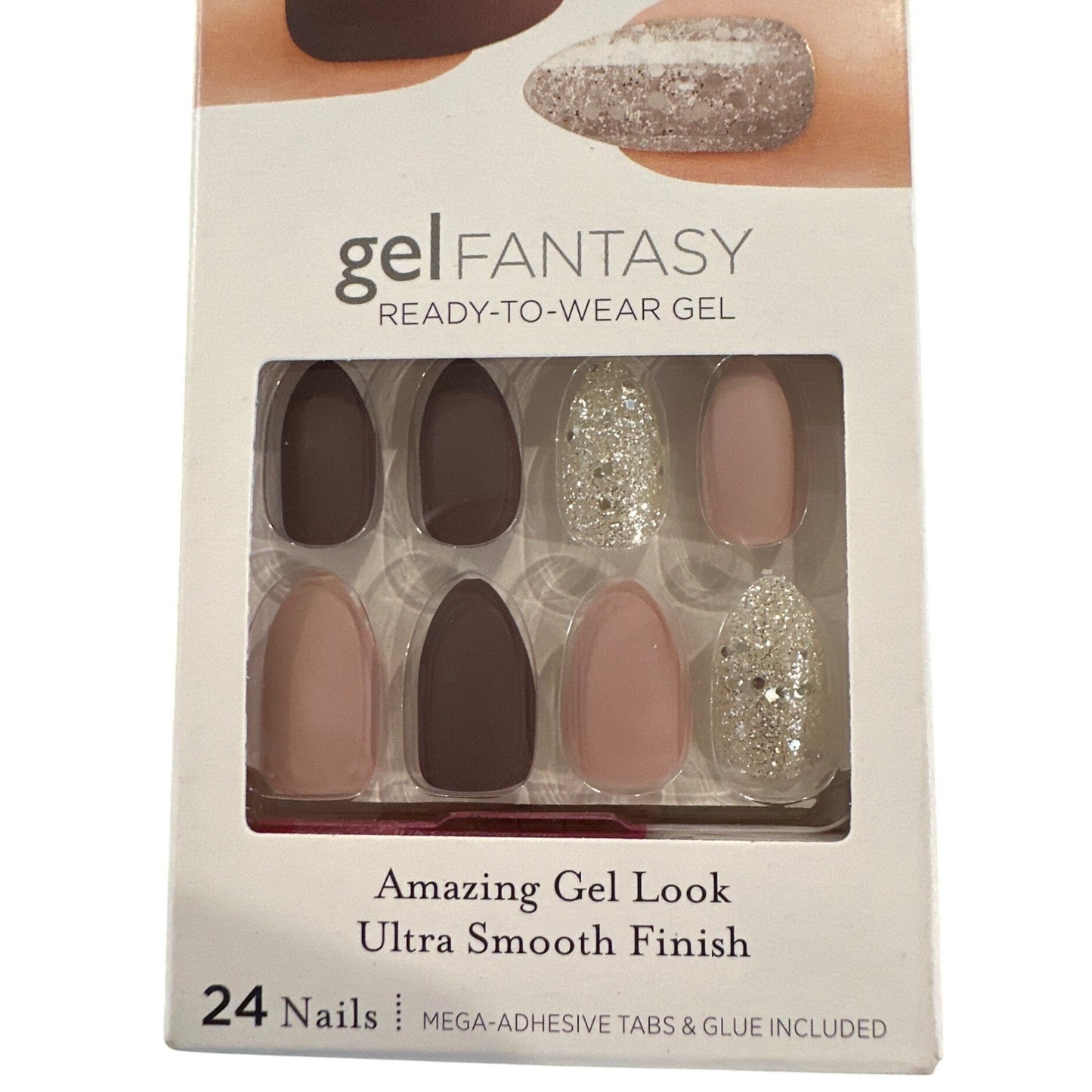 Kiss GEL FANTASY 24 Nails Medium Almond Matte+Glitter Nude+Brown+Silver Gel Look