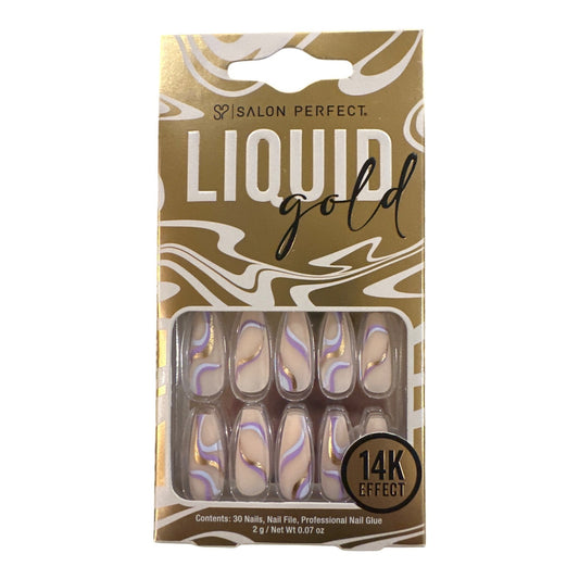 Salon Perfect 30 Nail Liquid Gold Long Coffin Matte Peach+Purple+Gold 14K Effect