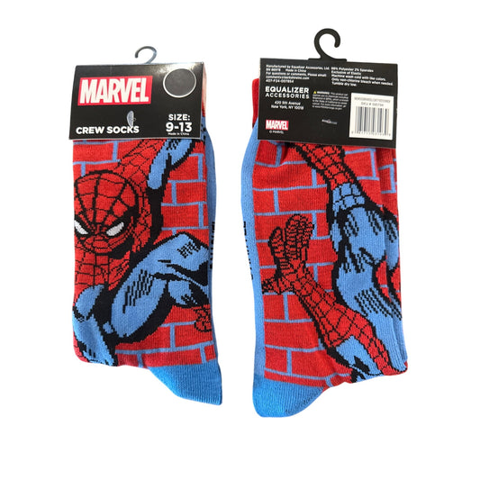 Marvel SPIDER-MAN Men"s Size 9-13 Crew Socks Red Blue Black Brick Wall Design