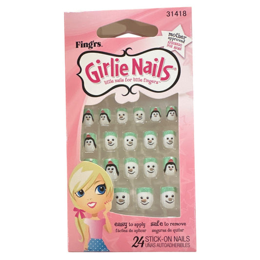 Little Fingr's GIRLIE NAILS #31418 24 Stick-On Nails SNOWMEN+PENGUINS Holiday