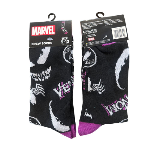 Marvel VENOM Men's Size 9-13 Crew Socks Black White Purple Fangs Tongue Logo