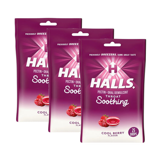 3 Bags Halls Cool Berry Throat Soothing Drops (25 ct each) Pectin Exp. 11/25