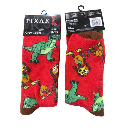 Pixar TOY STORY Men's Size 9-13 Crew Socks REX & SLINKY DOG Red Green Brown