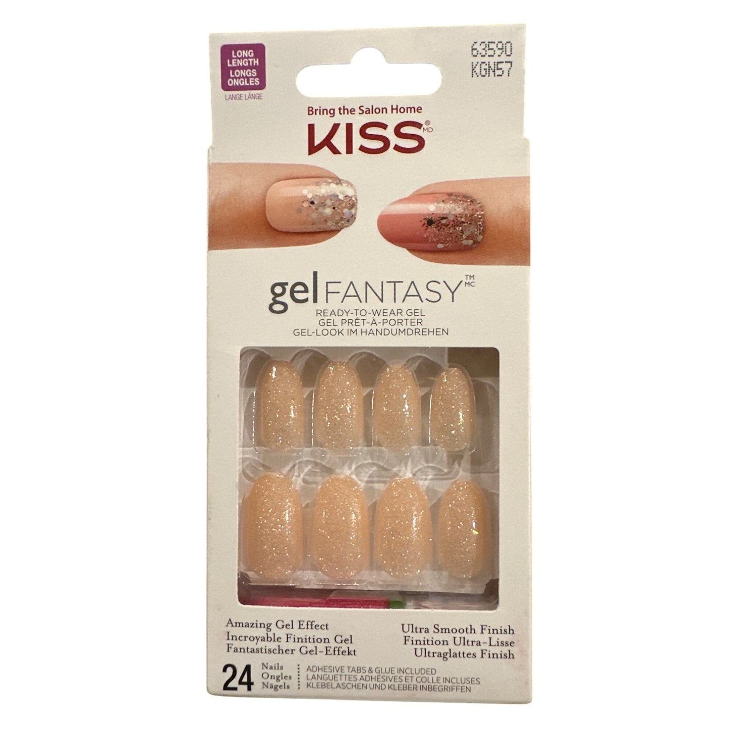 Kiss Gel Fantasy 24 Nails Long Oval Shimmer Nude Amazing Gel Effect Finish