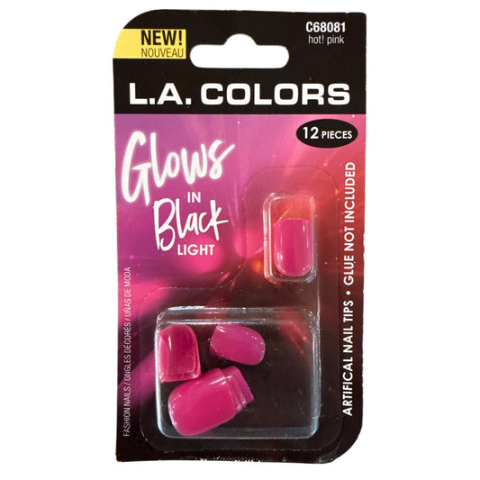 L.A. Colors GLOWS IN BLACK LIGHT 12 Nails HOT! PINK Short Square Glossy Pink