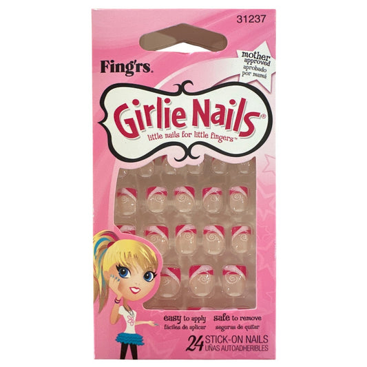Little Fingr's GIRLIE NAILS #31237 24 Stick-On Nails STRIPE & SWIRL Pink+White