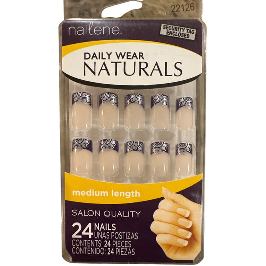 NAILENE 24 Nails DAILY WEAR NATURALS Medium Square French Nude+Silver Mandala