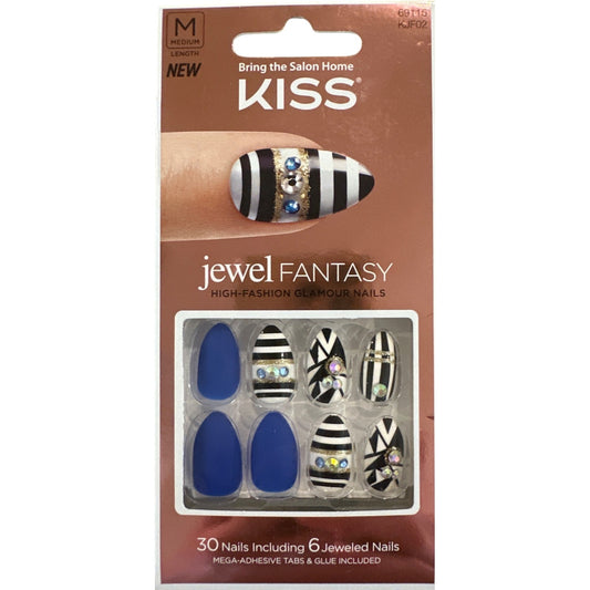 Kiss JEWEL FANTASY 30 Nails 6 Jeweled Medium Almond Matte+Glossy Stripes+Jewels