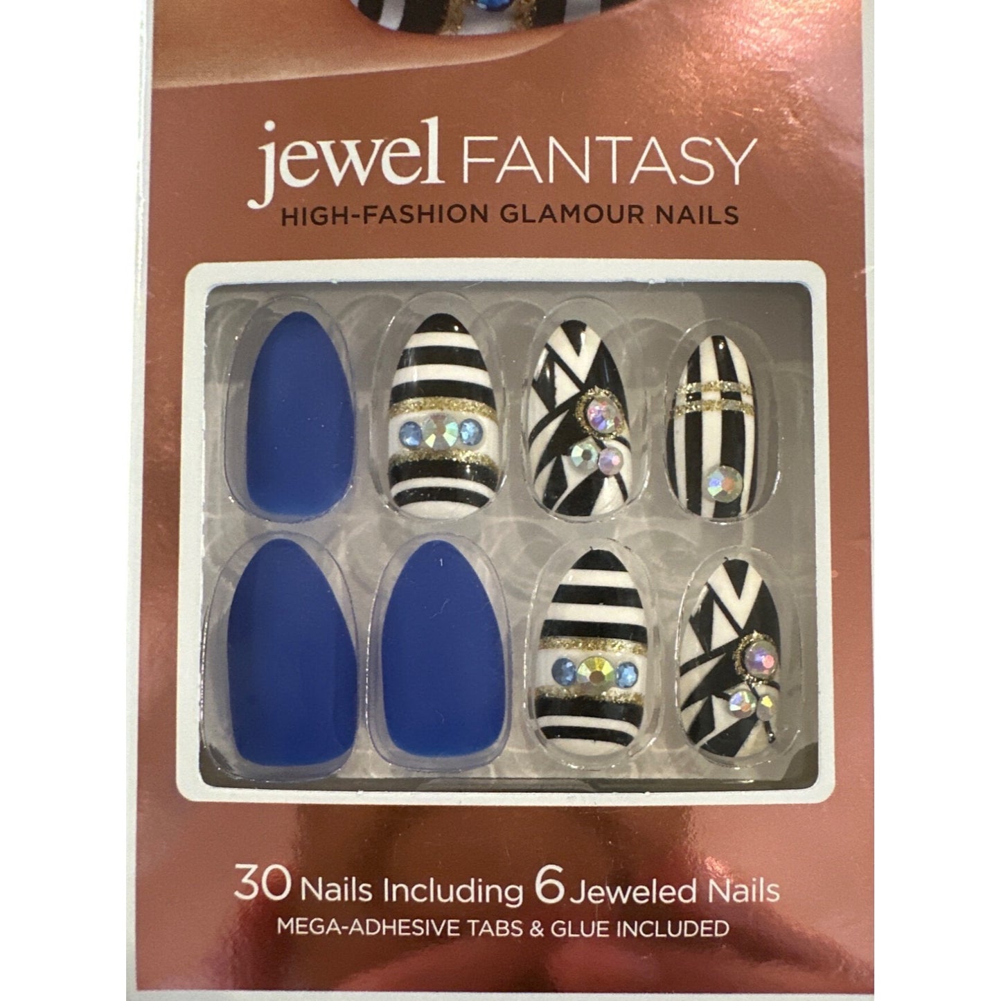 Kiss JEWEL FANTASY 30 Nails 6 Jeweled Medium Almond Matte+Glossy Stripes+Jewels