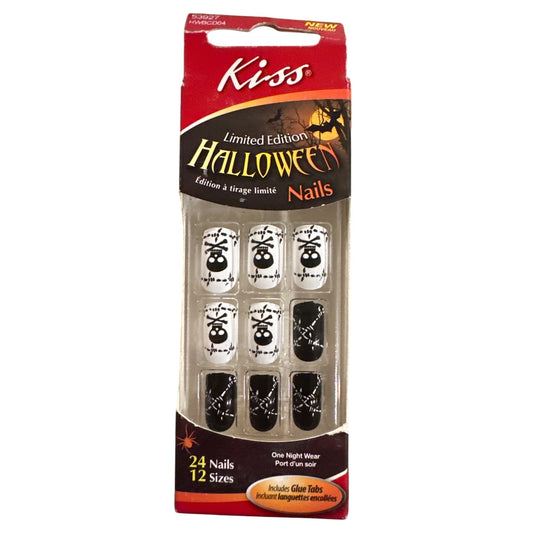 Kiss HALLOWEEN 24 Nails Medium Square Glossy Black + White Spooky Skull Design