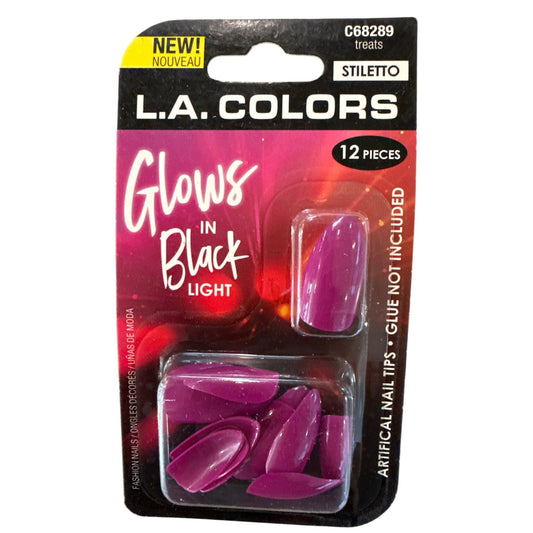L.A. Colors GLOWS IN BLACK LIGHT 12 Nails TREATS Long Stiletto Glossy Purple