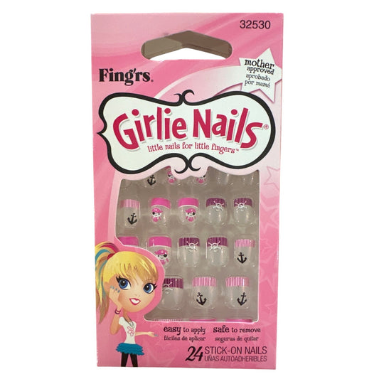 Little Fingr's GIRLIE NAILS #32530 24 Stick-On Nails PIRATES+ANCHORS Pink+Purple