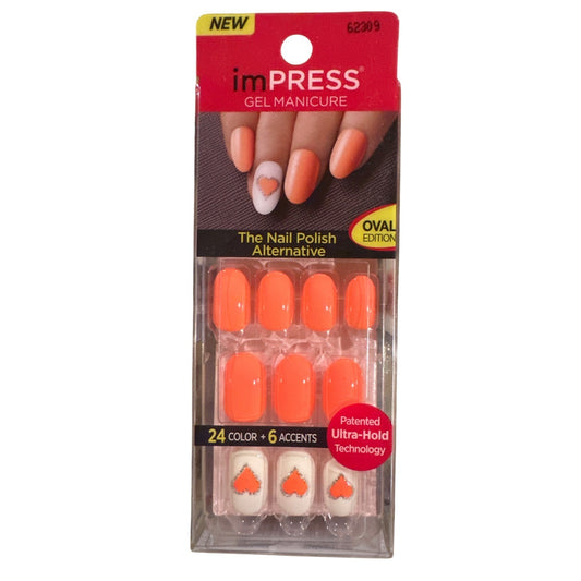 IMPRESS Gel 24 Nails Medium Oval Glossy Orange+ White Ultra-Hold Heart Design