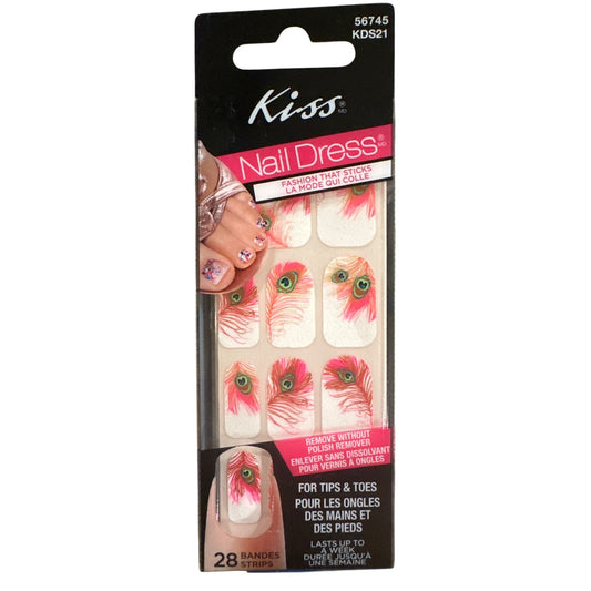 Kiss Nail Dress Tips & Toes 28 TIPS & TOES 28 Strips Pink+Green Peacocks Feather