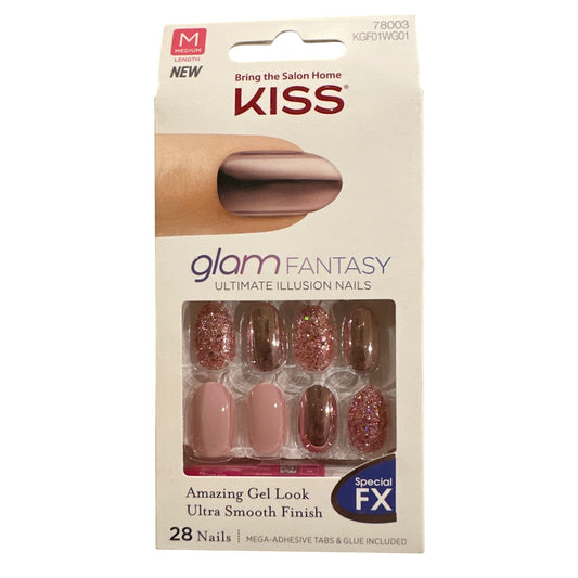 Kiss Glam Fantasy 28 Nails Medium Oval Shiny+Chrome+Glitter Pink+Bronze+Fuchsia