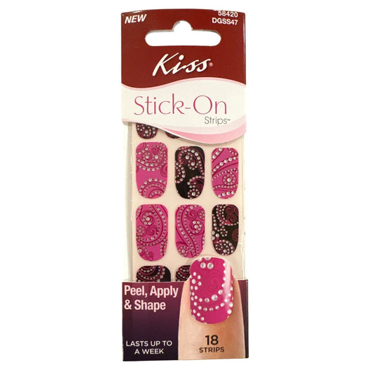 Kiss Stick-On 18 Strips/Nail Stickers Shiny Black+Pink Rhinestone Paisley Design