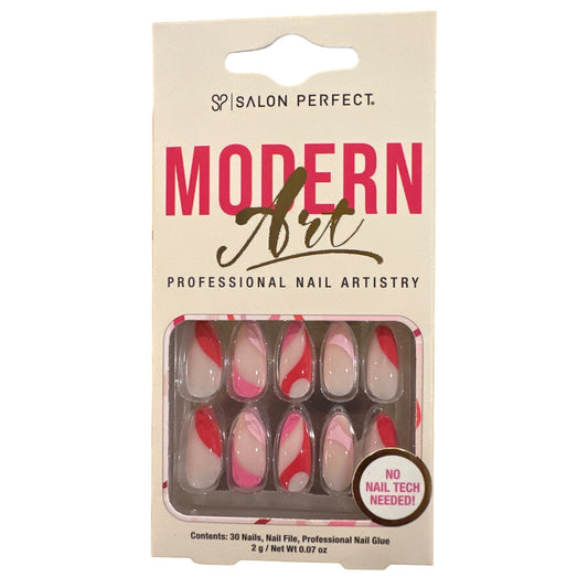 Salon Perfect 30 Nails Modern Art Long Almond Glossy Peach+Pink+Red Swirl Design
