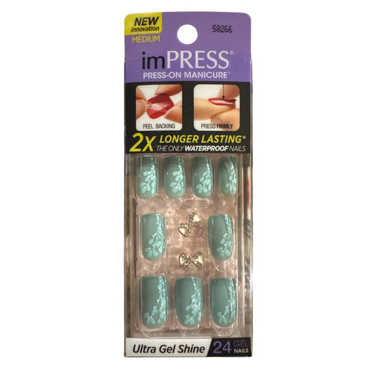 ImPRESS 24 Nails Medium Square Glossy Teal + Baby Blue Floral +Silver Bow Charms