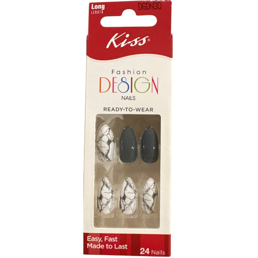 Kiss FASHION DESIGN 24 Nail Long Mountain Peak Marble + Glossy Grey + White