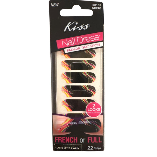 Kiss Nail Dress 22 Nails French Or Full Black+Yellow+Pink Rainbow Dots Design