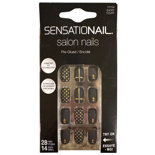 SENSATIONAIL 28 Nail SALON NAILS Short Square Matte Black+Gold Polka Dot & Arrow