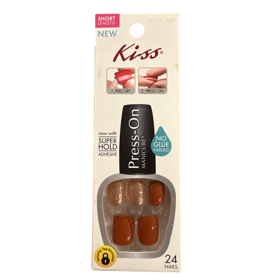 Kiss EAT, PRAY, LOVE 24 Nails Short Square Shiny+Glitter Solid Brown+ Gold