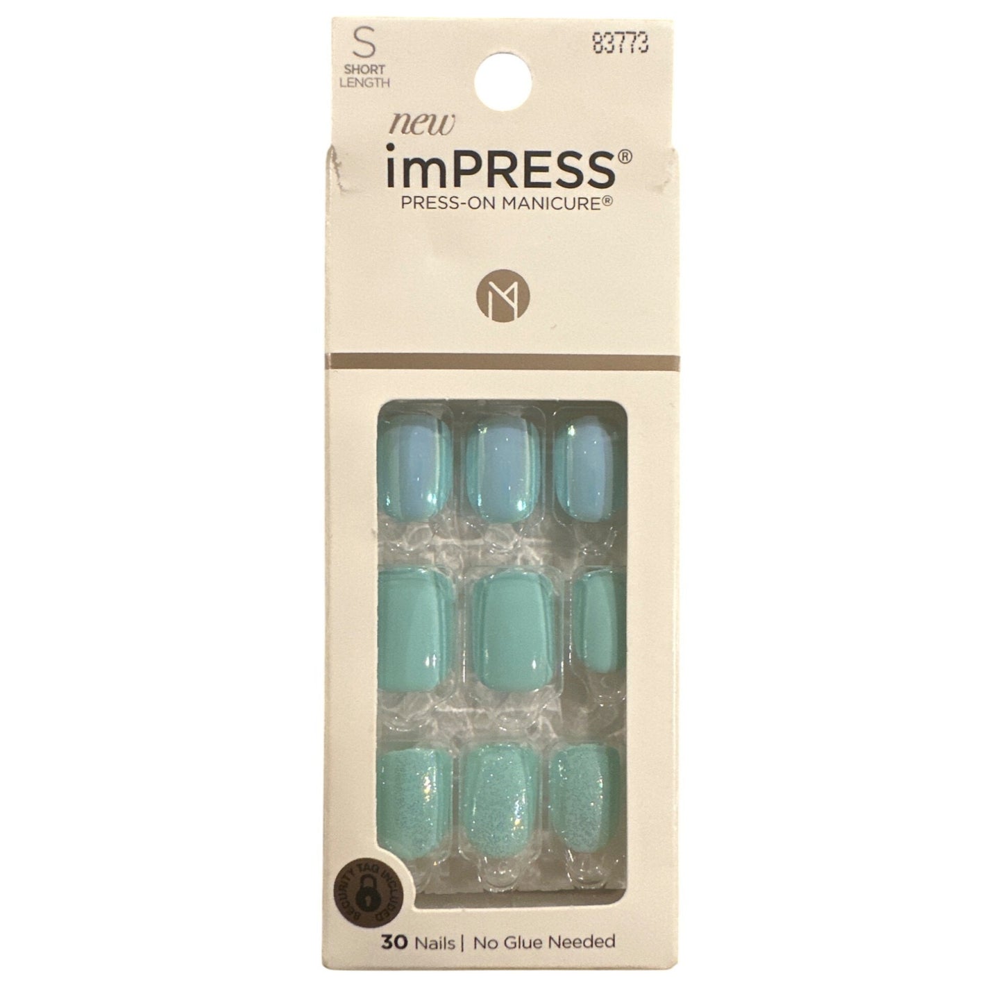Kiss IMPRESS 30 Nails RAIN CHECK Short Squoval Chrome+Shiny+Shimmer Aqua Blue