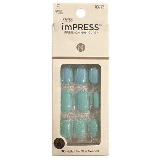 Kiss IMPRESS 30 Nails RAIN CHECK Short Squoval Chrome+Shiny+Shimmer Aqua Blue