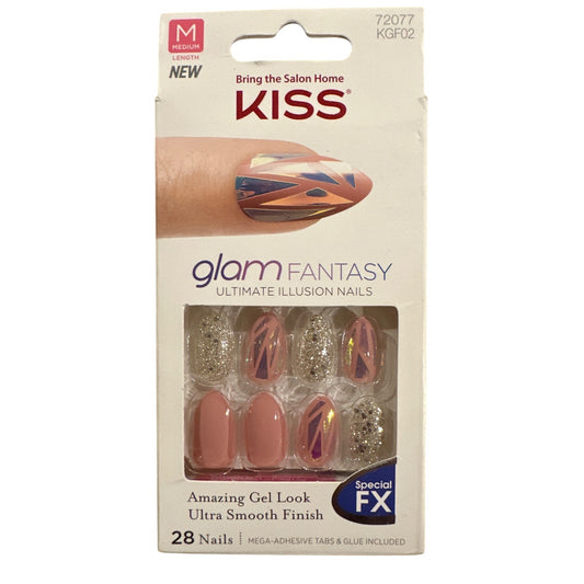 Kiss Glam Fantasy 28 Nail Medium Oval Shiny+Glitter Nude+Gold Broken Glass Eff