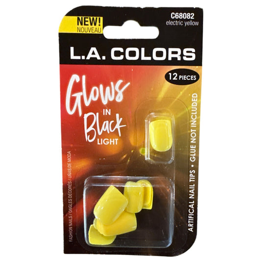L.A. Colors GLOWS IN BLACK LIGHT 12 Nails ELECTRIC YELLOW Short Square Glossy