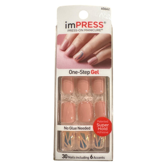 Kiss imPRESS 30 Nail SHIMMER Short Square Shiny Peach+Cherry Broken Glass Design