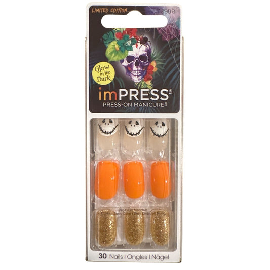 KISS ImPRESS 30 Nails POTION Medium Square Halloween+Glitter Orange+Gold+White