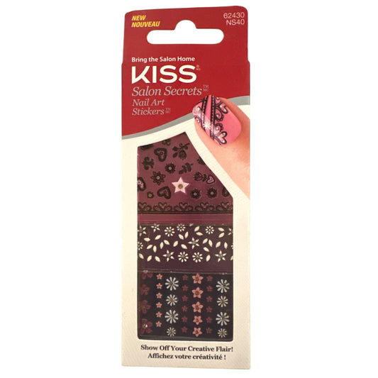 Kiss Salon Secrets Nail Art Stickers Burgundy+White+Pink Floral & Hearts Design