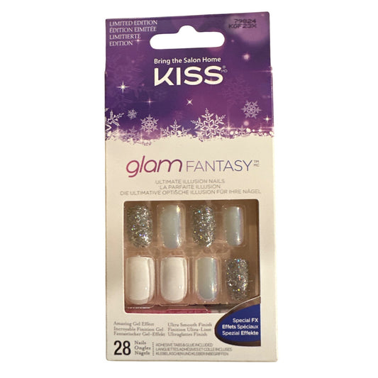 Kiss GLAM FANTASY 28 Nails Medium Square Glitter+Shiny+Chrome Silver+White SP FX
