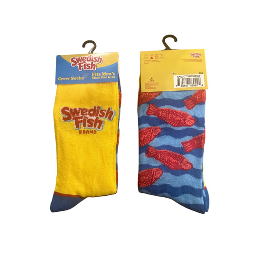 1 x Swedish Fish Mens Crew Socks Size 6-12 Yellow & Blue Cotton Blend Fun Gift