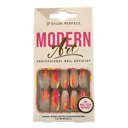 Salon Perfect 30 Nail Modern Art Long Coffin Glossy Clear+Orange+Pink Art Design