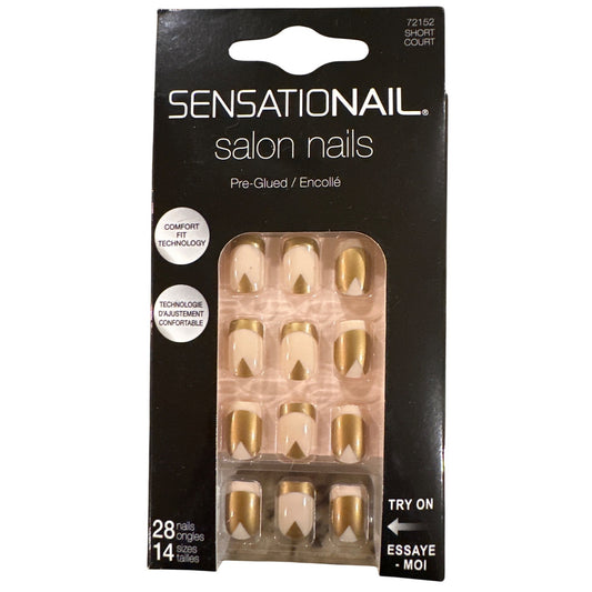 SENSATIONAIL 28 Nails SALON NAILS Short Squoval Glossy+French Gold+Peach Chevron