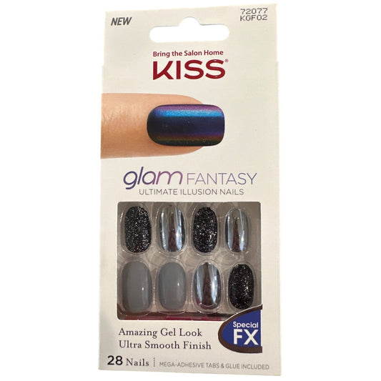 Kiss GLAM FANTASY 28 Nails Medium Oval Chrome+Glitter+Glossy Special FX Gel Look