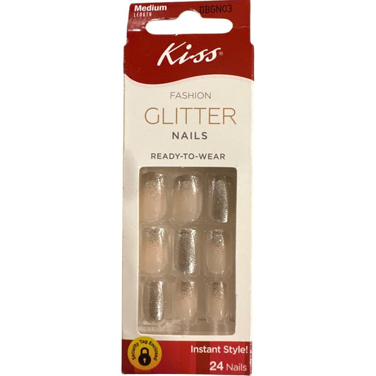 Kiss FASHION GLITTER 24 Nails Medium Squoval Glitter Nude + Silver Ready To Wear